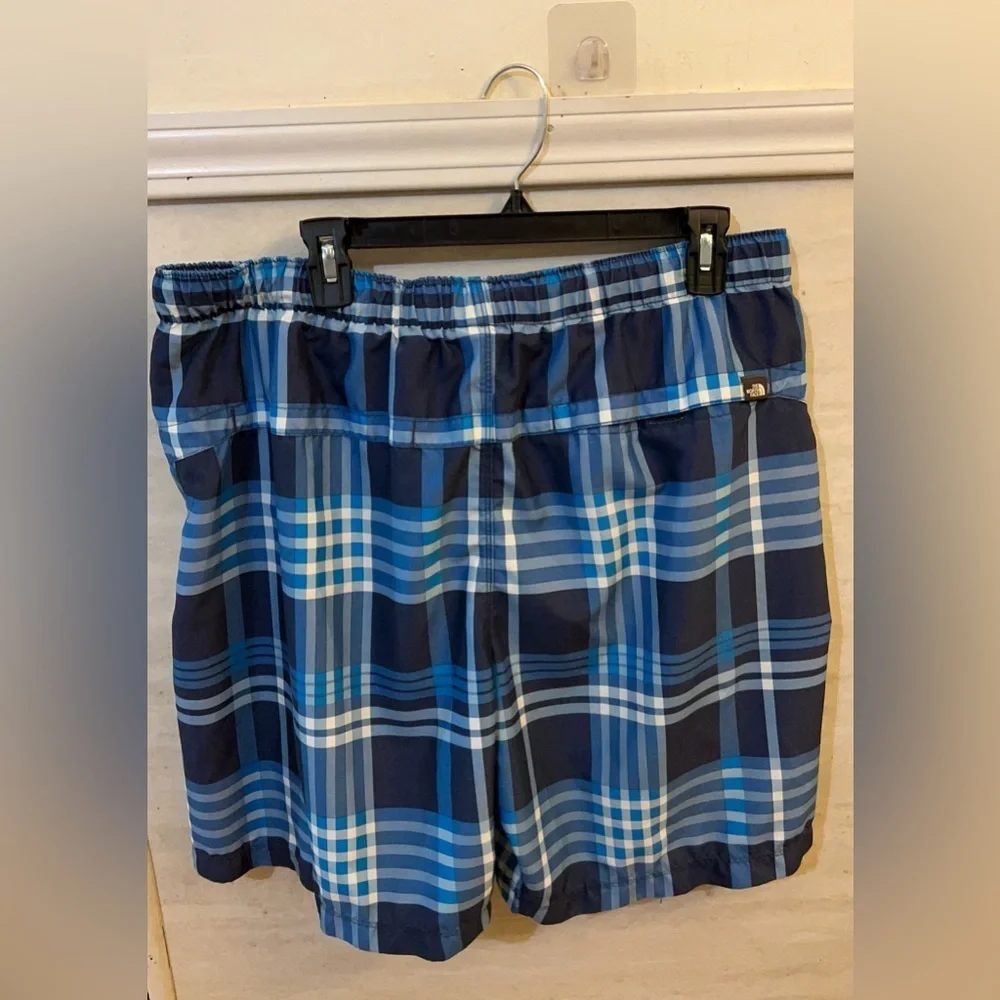 The North Face Navy and Light Blue Plaid Swim Shorts